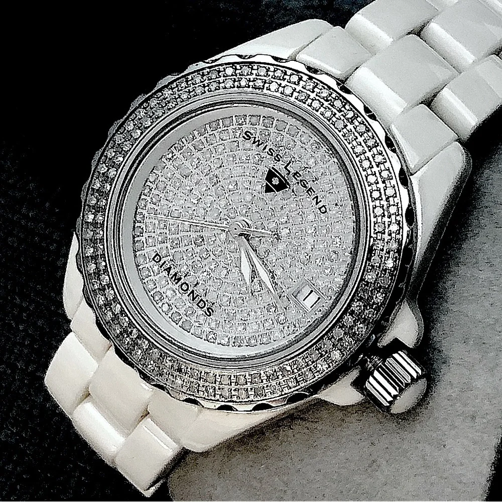 Swiss Legend Diamond Watch Diamonds Ceramic Karamica Date Large Stainles…